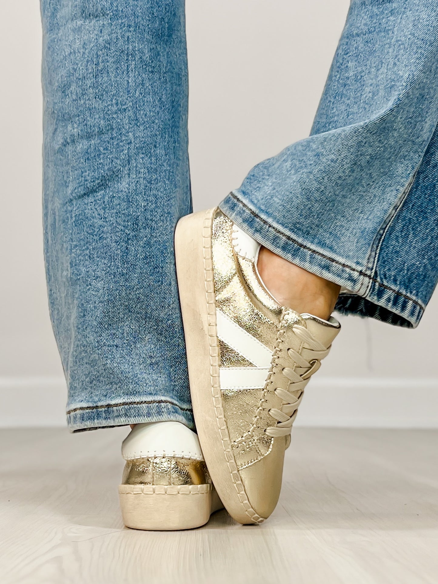 Corkys Friend Zone Tennis Shoes in GOLD CRINKLE METALLIC