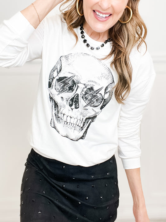 Round Neck Long Sleeve Top with Skull Front and Rock/Roll Back