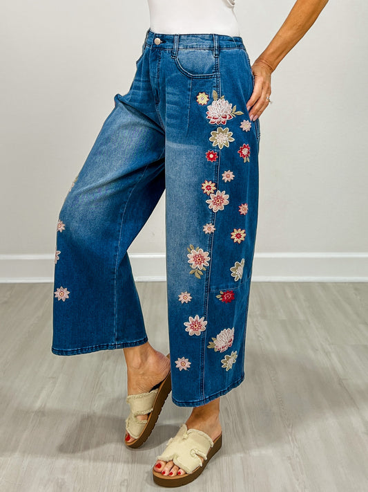 Mid-Rise Boyfriend Floral Embroidered Denim Pants