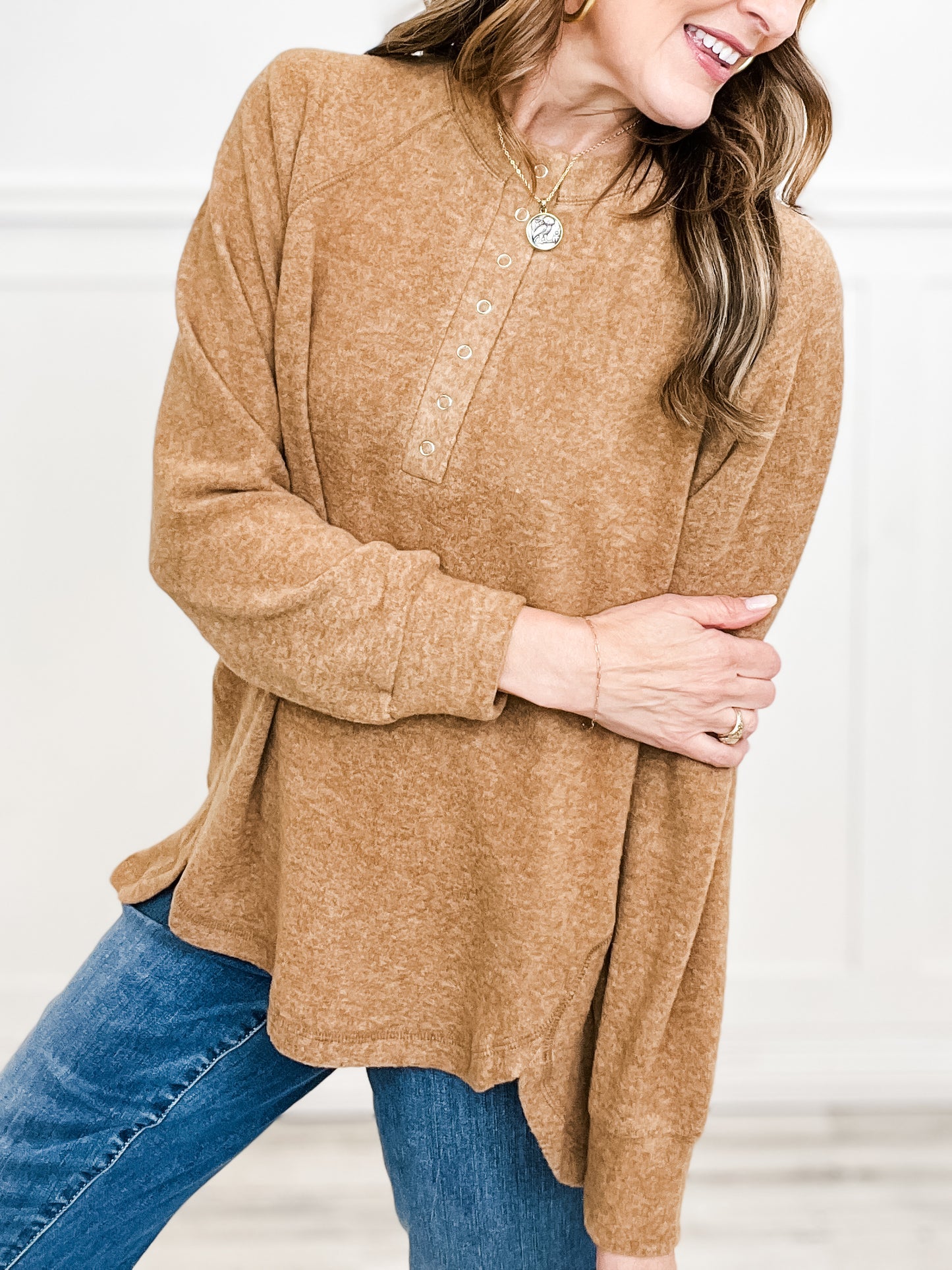 Brushed Mélange Hacci Oversized Henley Top - GROUP A