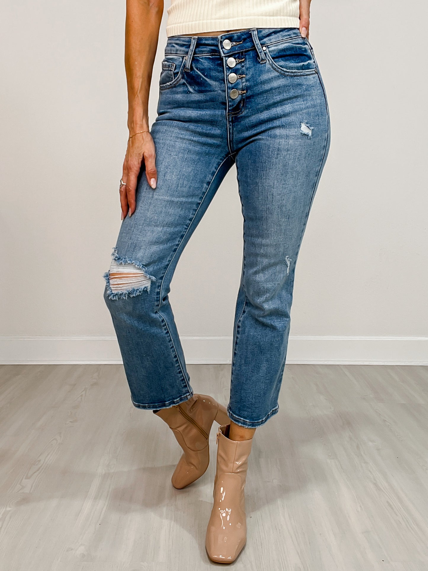 Risen JUNIPER Mid-Rise Button Down Cropped Flare Jeans