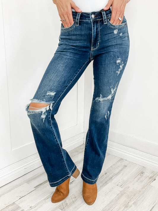 The "Betty" Judy Blue Mid-Rise Hand Sand & Distressed Bootcut Jean