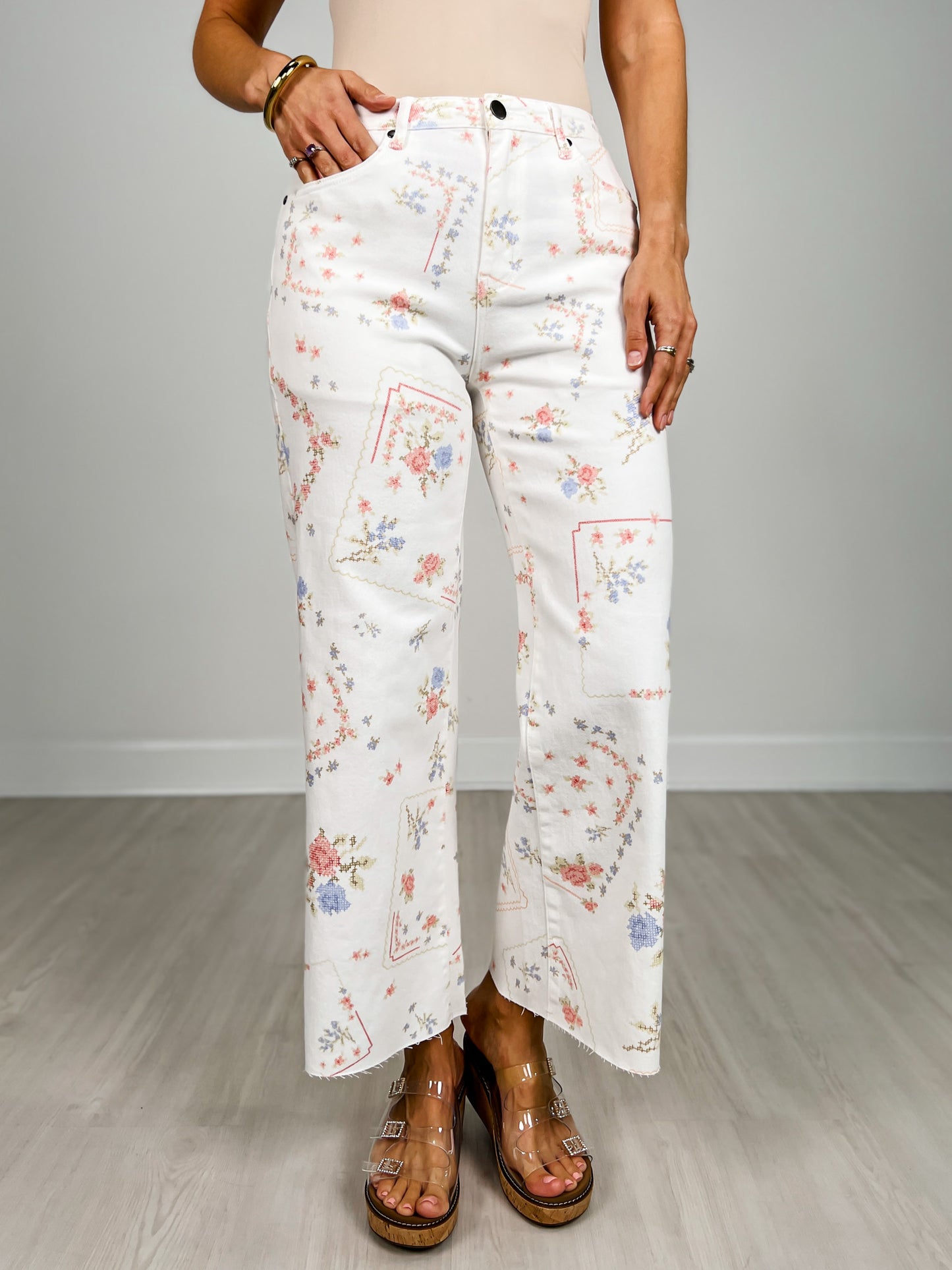 Floral Cross Stitch Pattern Washed Twill Pants