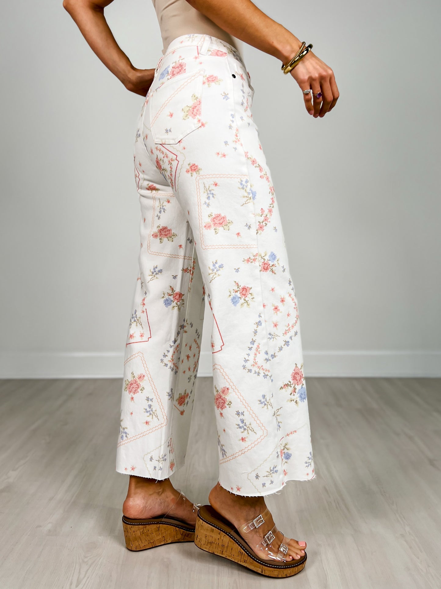 Floral Cross Stitch Pattern Washed Twill Pants