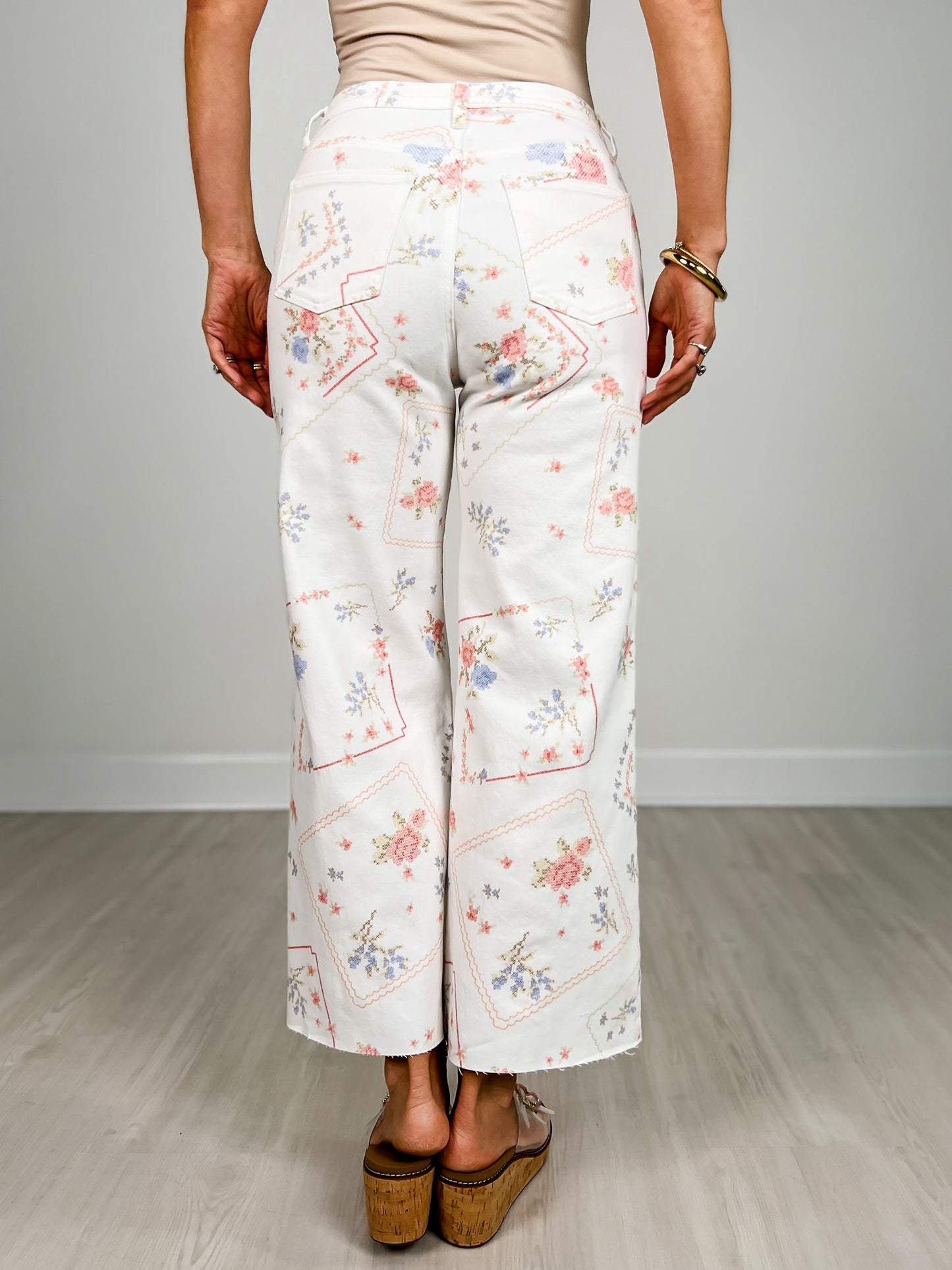 Floral Cross Stitch Pattern Washed Twill Pants
