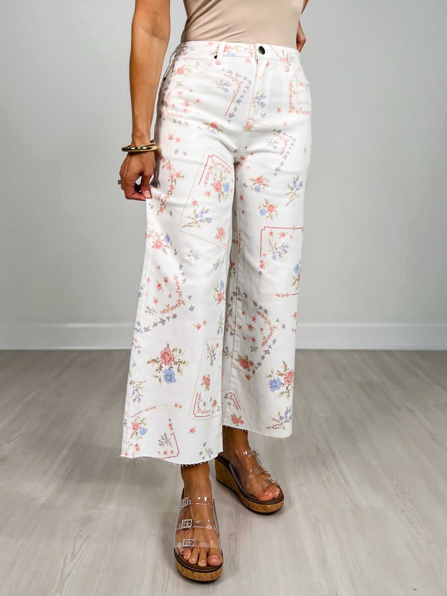 Floral Cross Stitch Pattern Washed Twill Pants