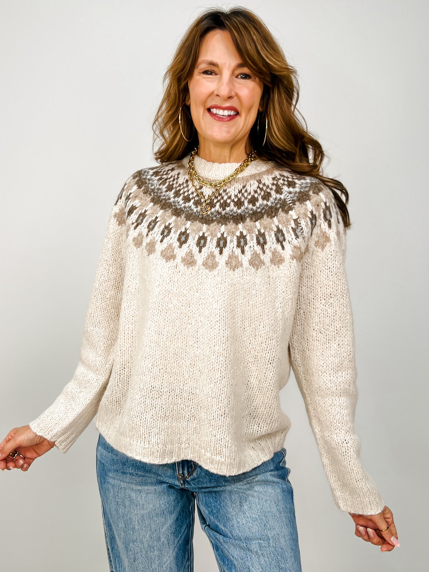 Fair Isle Pattern Long Sleeve Knit Sweater