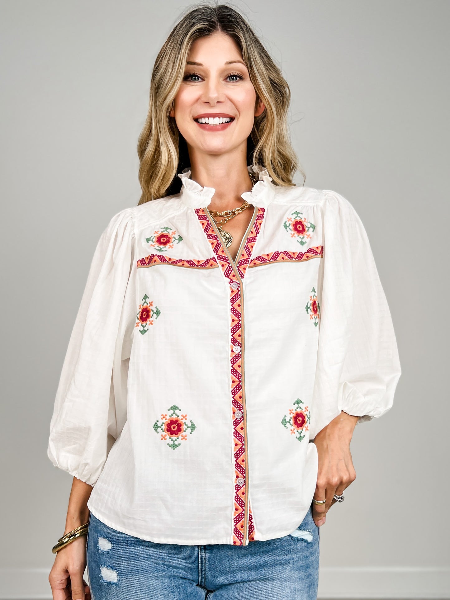 3/4 Balloon Sleeve Floral Embroidery Detail Top