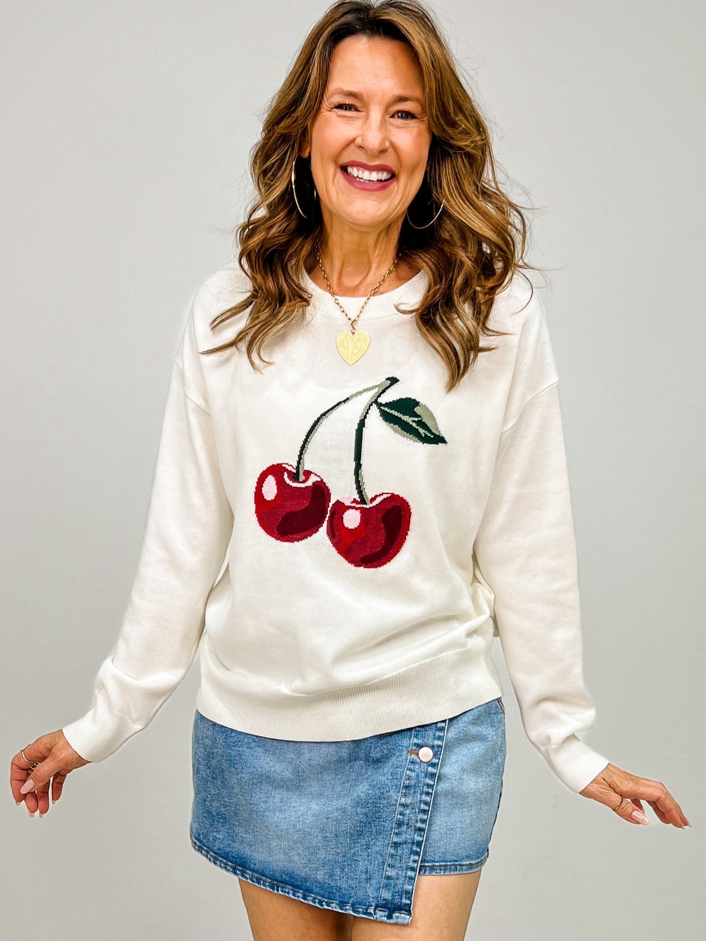 Round Neck Long Sleeve Cherry Lightweight Sweater