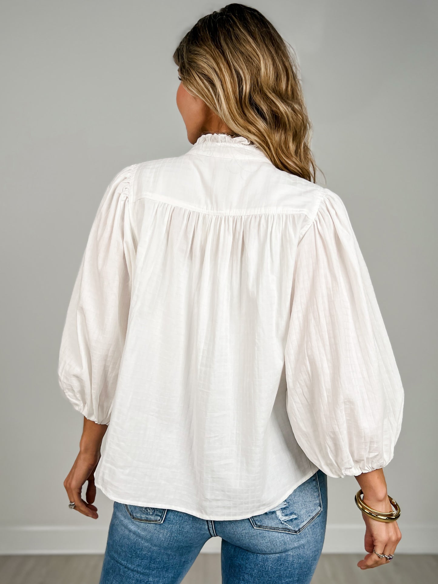 3/4 Balloon Sleeve Floral Embroidery Detail Top