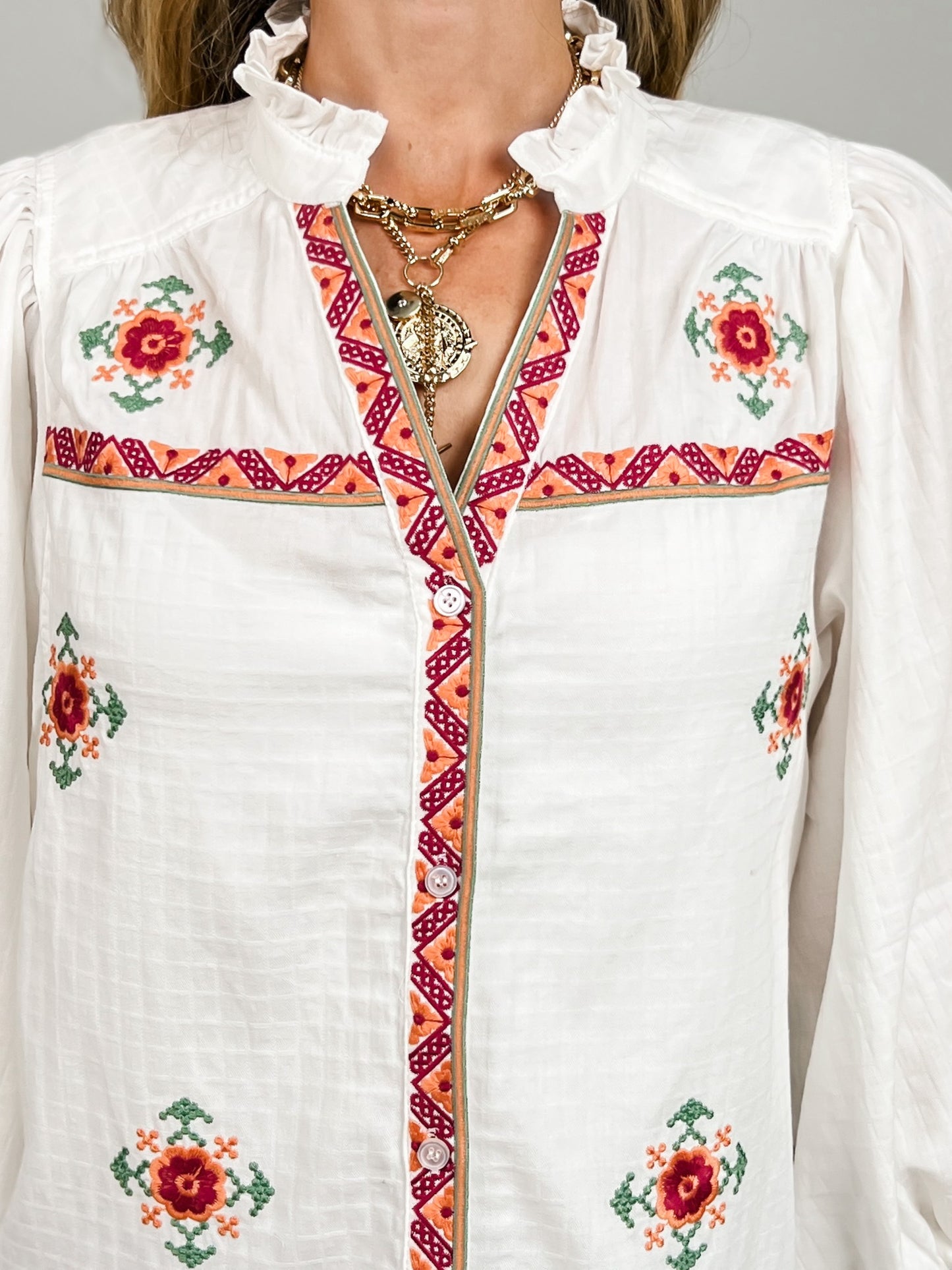 3/4 Balloon Sleeve Floral Embroidery Detail Top