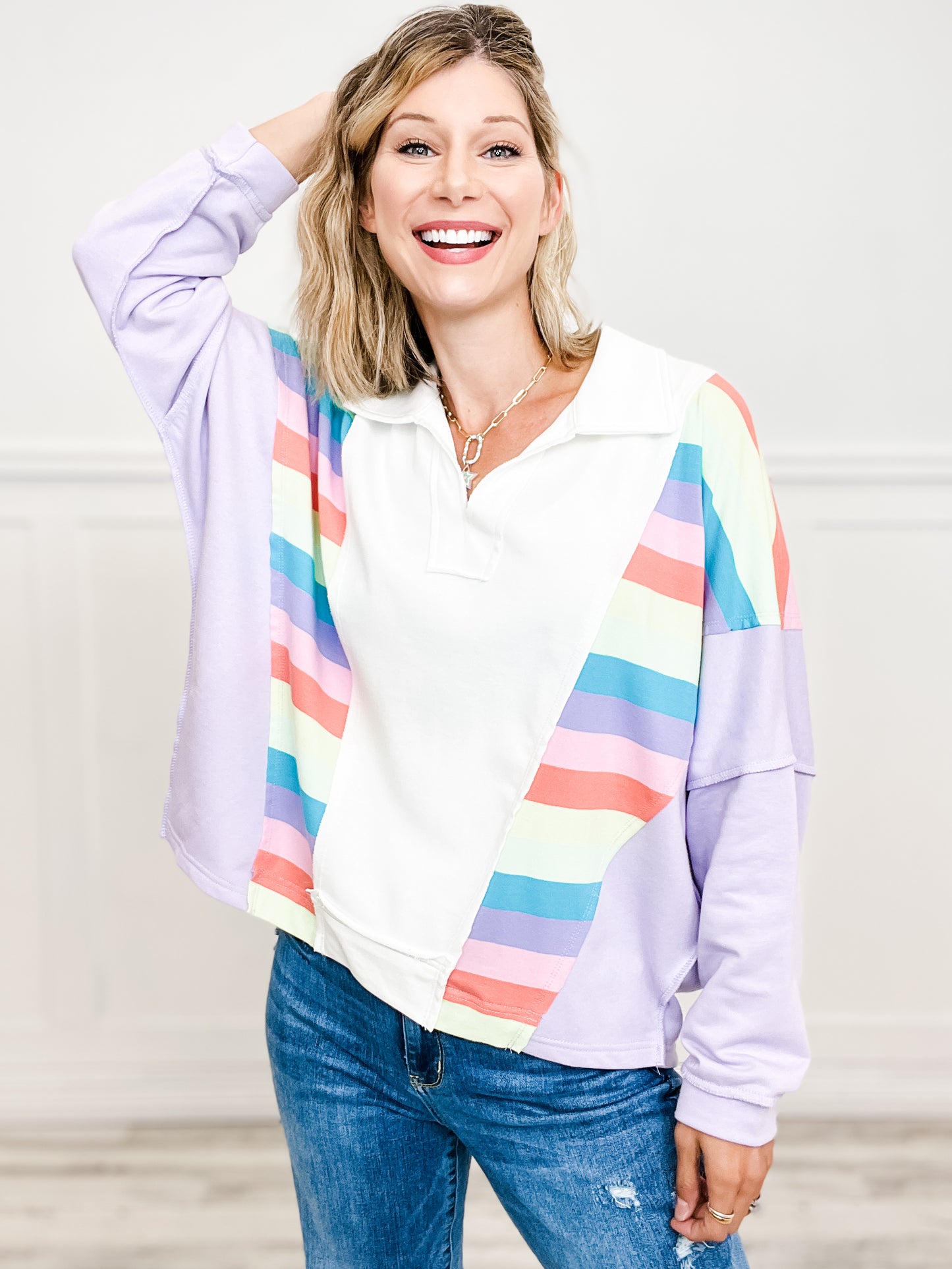 French Terry Knit Striped Color Block Top with Collar and V-Neck Line