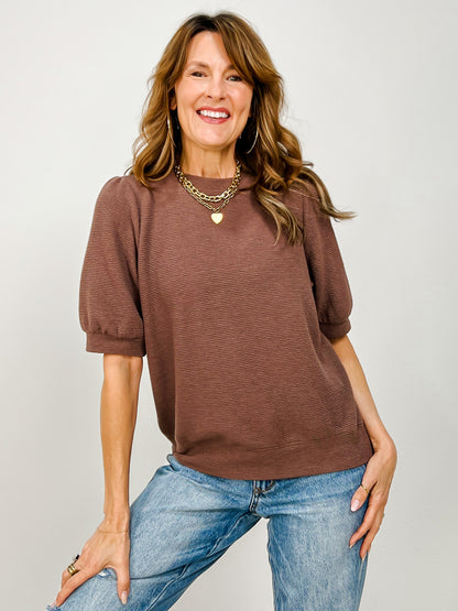 Cloudy Knit Round Neck Bubble Sleeve Top
