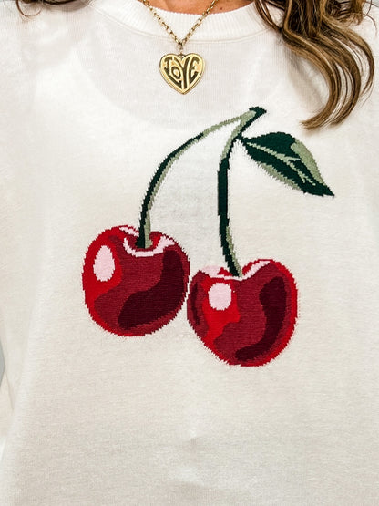 Round Neck Long Sleeve Cherry Lightweight Sweater