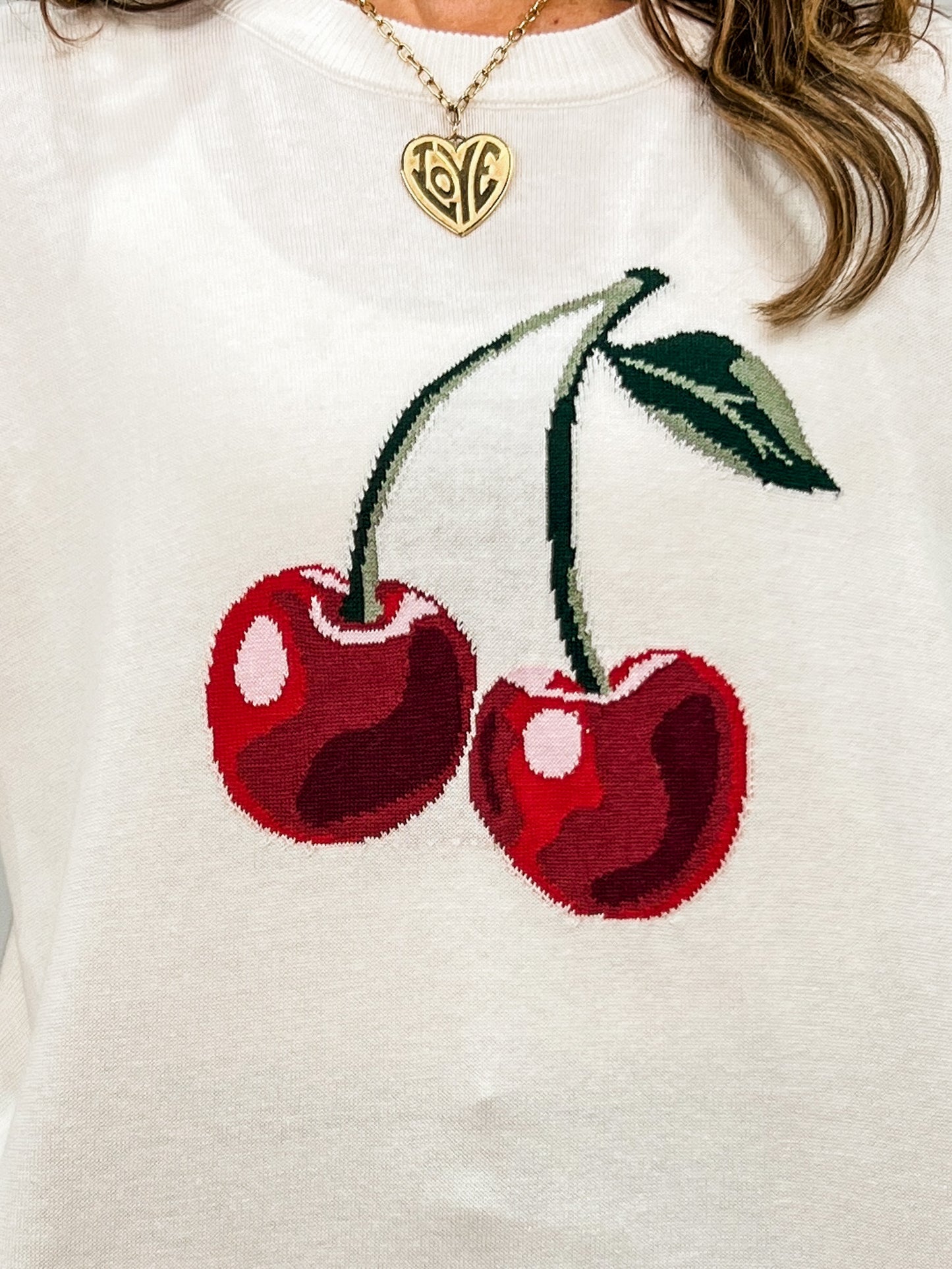 Round Neck Long Sleeve Cherry Lightweight Sweater