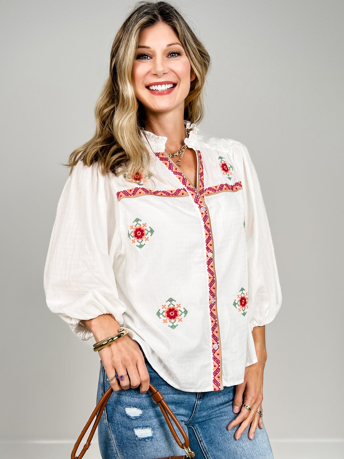 3/4 Balloon Sleeve Floral Embroidery Detail Top