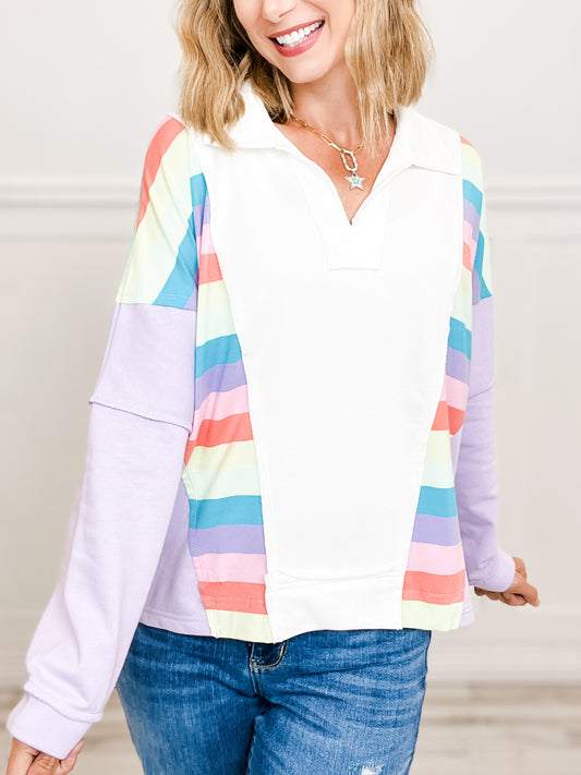 French Terry Knit Striped Color Block Top with Collar and V-Neck Line