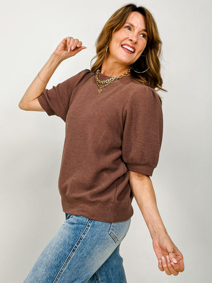 Cloudy Knit Round Neck Bubble Sleeve Top