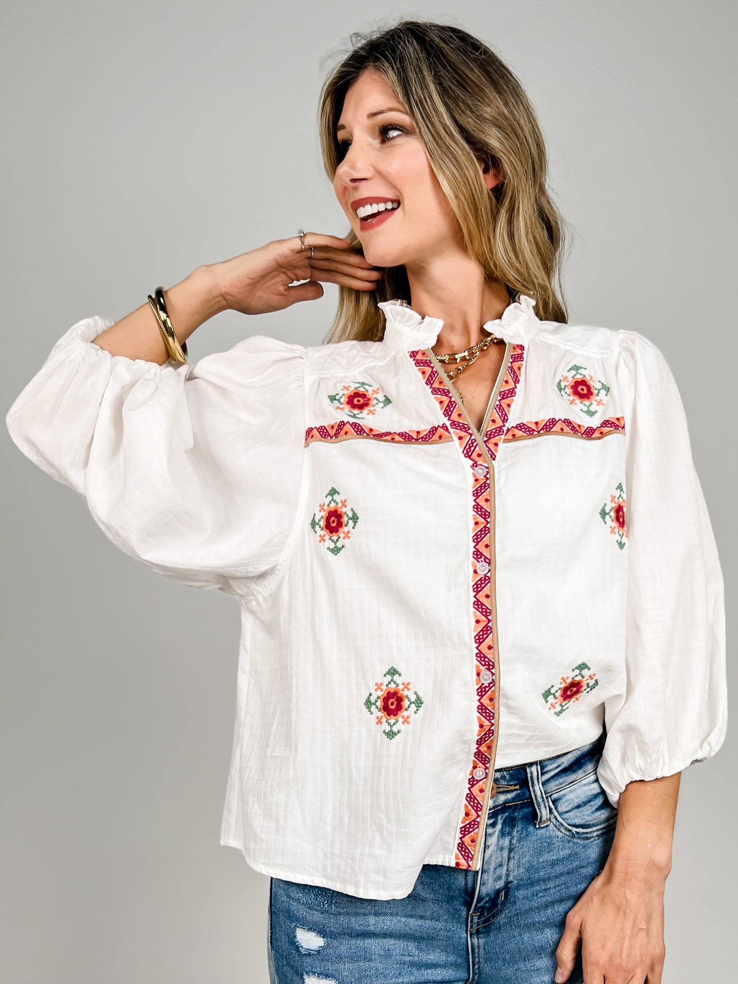 3/4 Balloon Sleeve Floral Embroidery Detail Top
