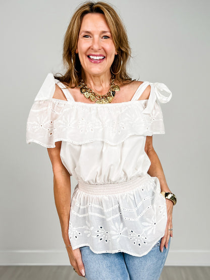 Elasticized Neckline Eyelet Cotton Smocked Top