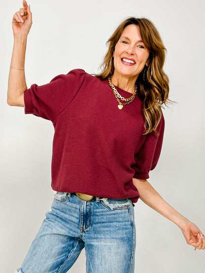 Cloudy Knit Round Neck Bubble Sleeve Top
