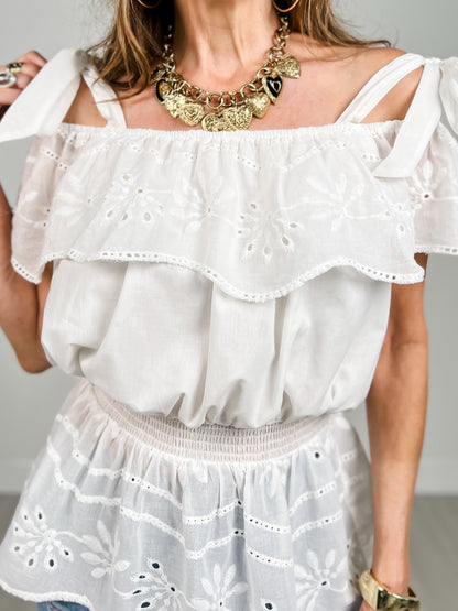 Elasticized Neckline Eyelet Cotton Smocked Top