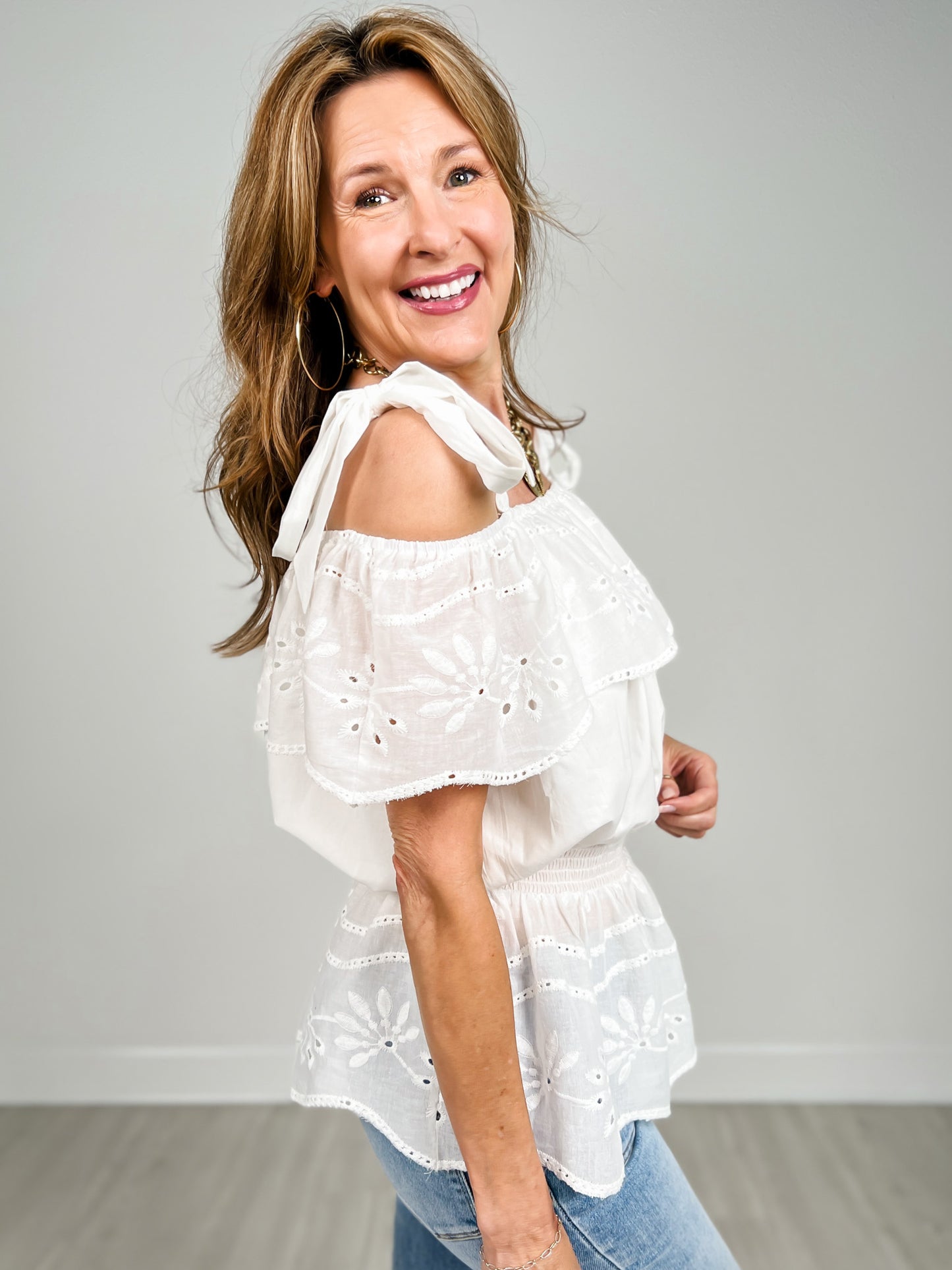 Elasticized Neckline Eyelet Cotton Smocked Top