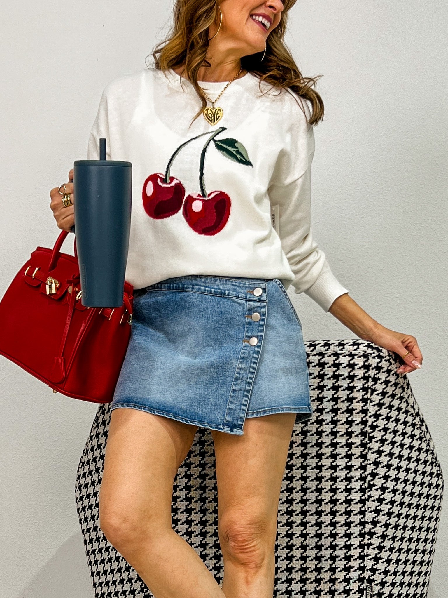 Round Neck Long Sleeve Cherry Lightweight Sweater