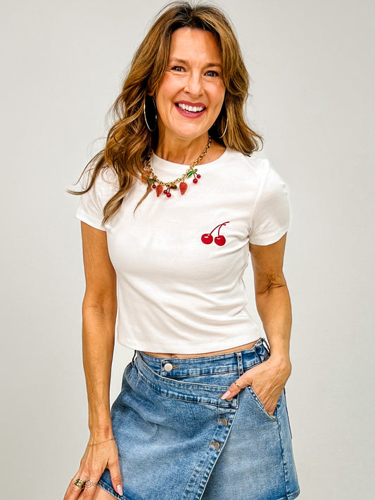 Crew Neck Short Sleeve Cherry Top