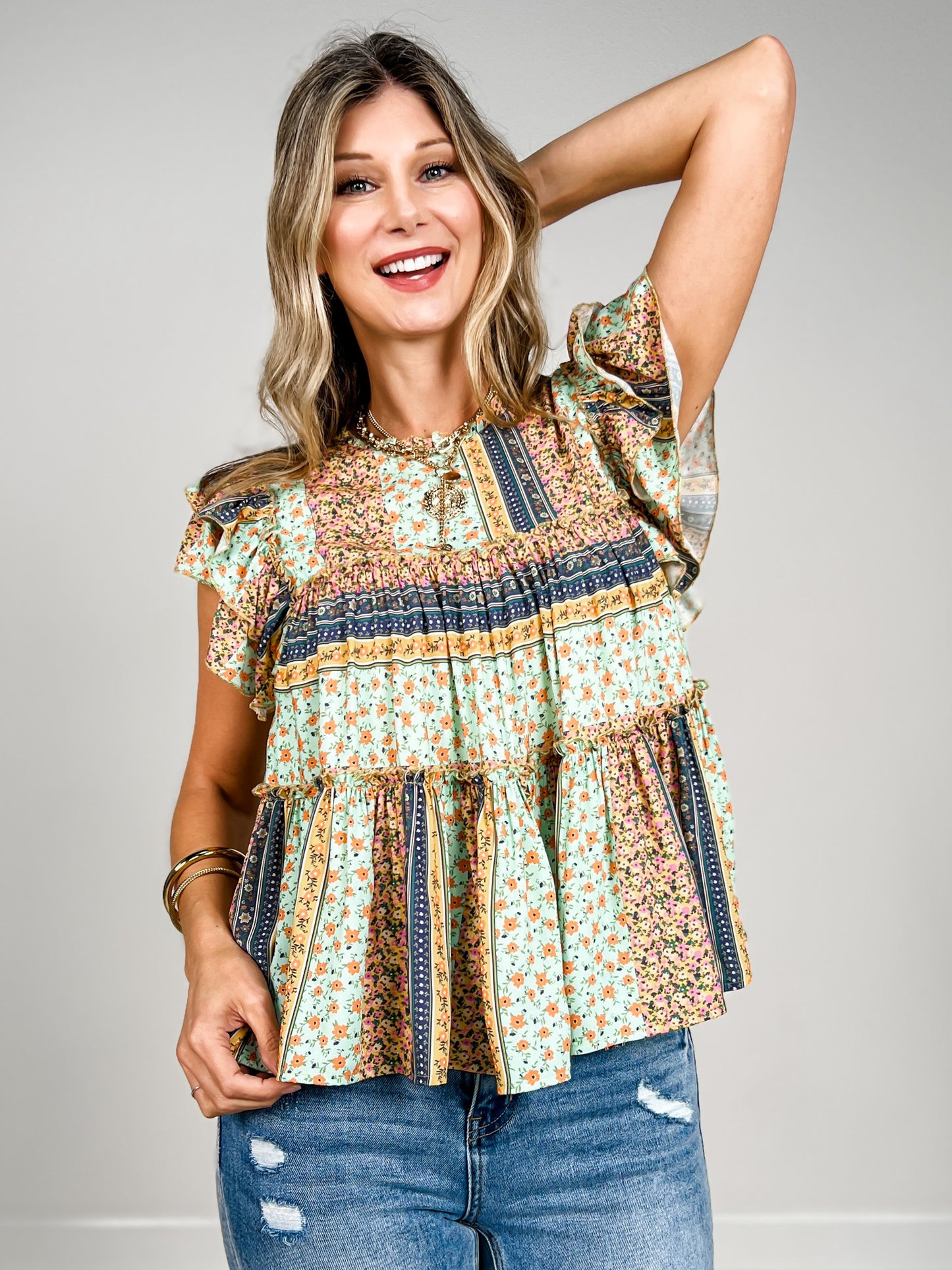 Ruffled Wing Sleeve Printed Challis Babydoll Top