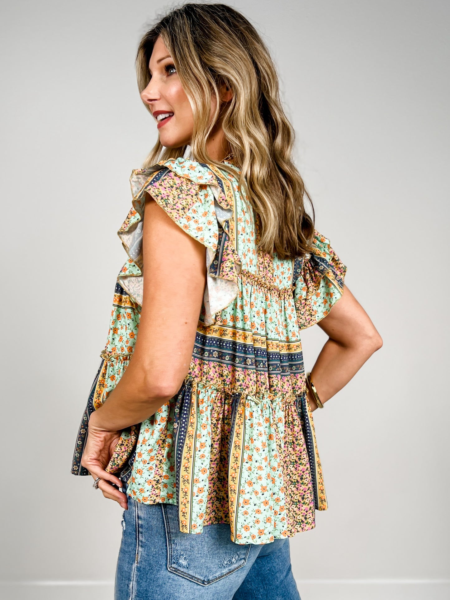 Ruffled Wing Sleeve Printed Challis Babydoll Top