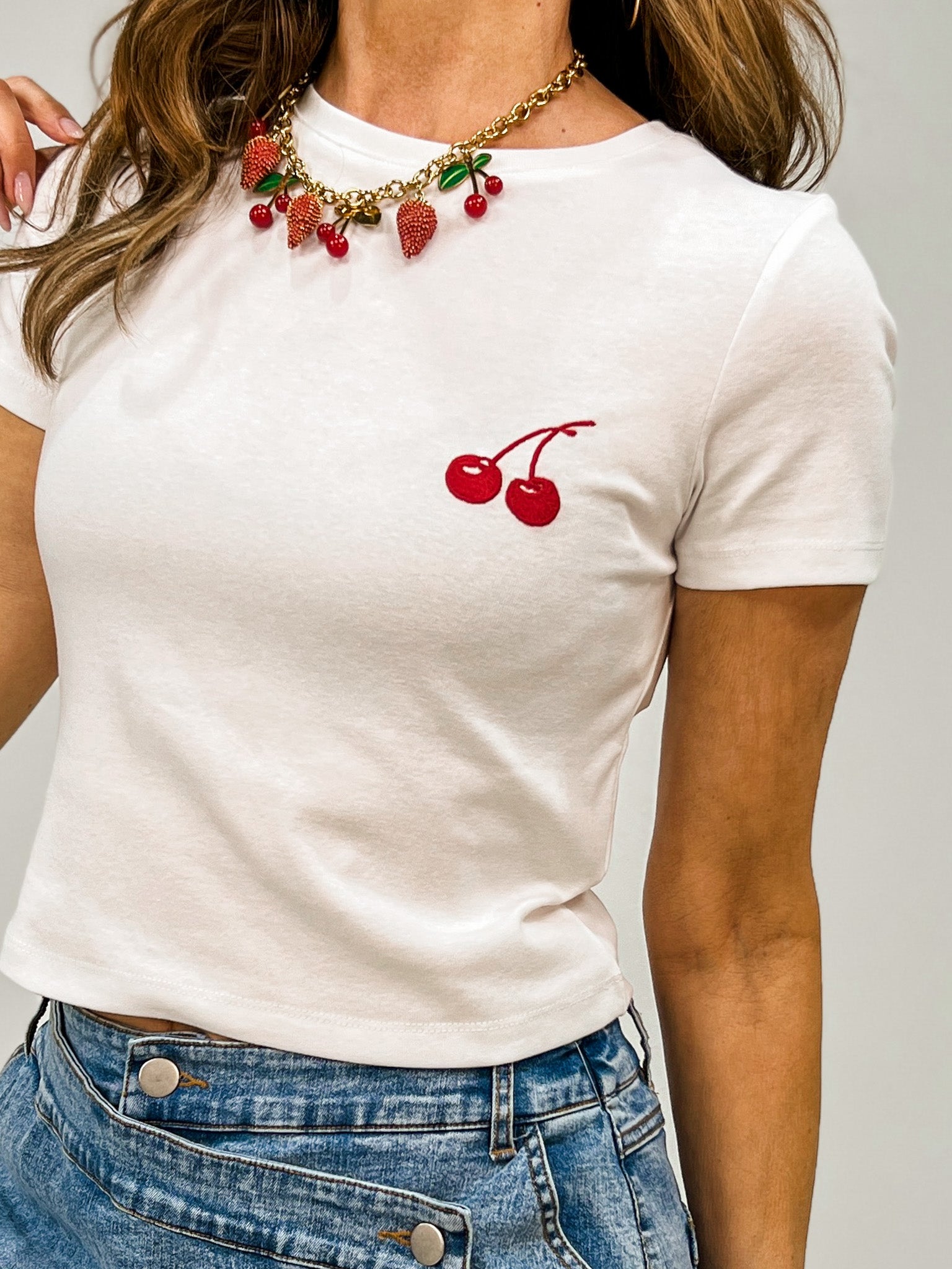 Crew Neck Short Sleeve Cherry Top
