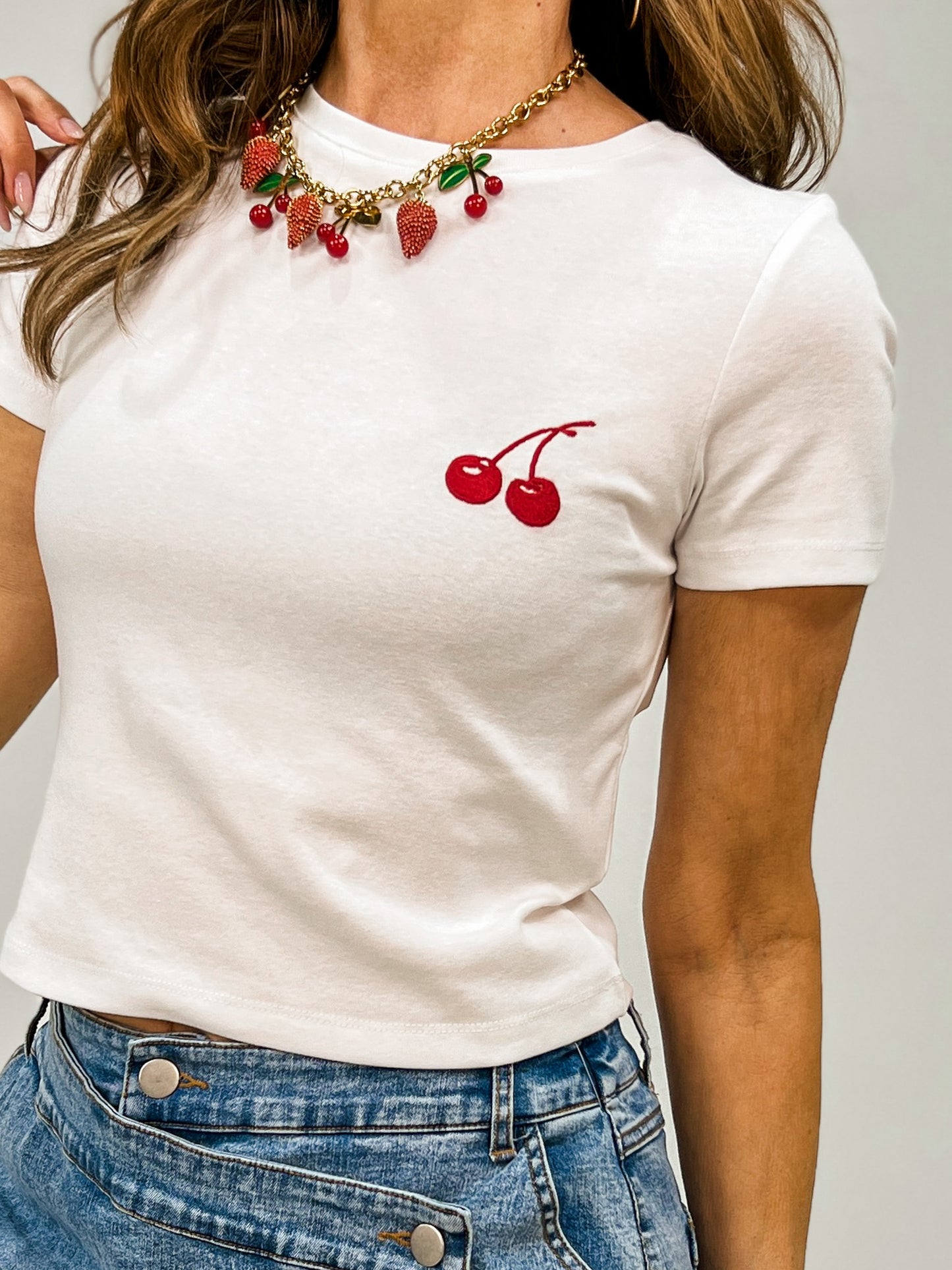 Crew Neck Short Sleeve Cherry Top