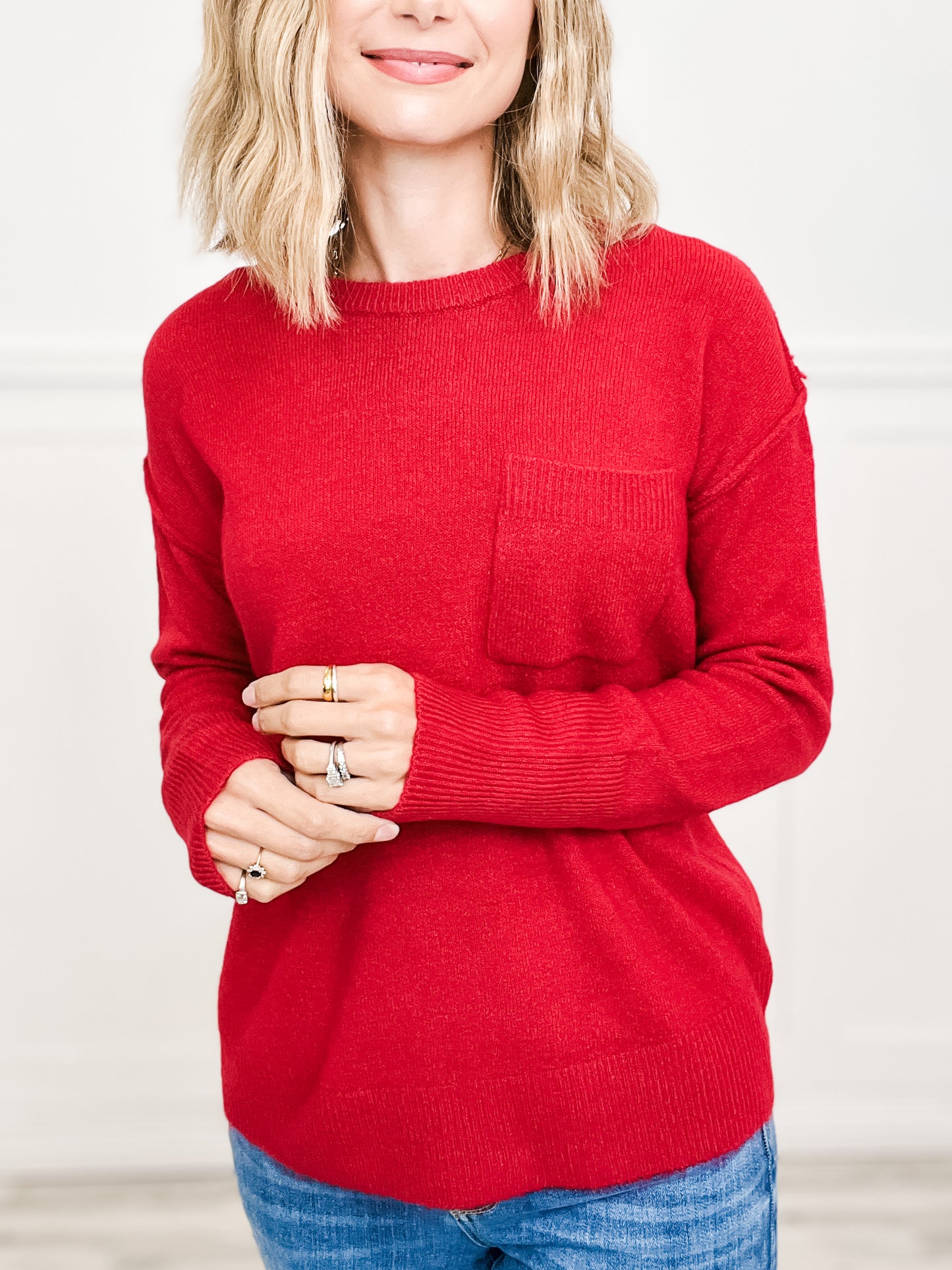 MELANGE HI-LOW HEM ROUND NECK SWEATER