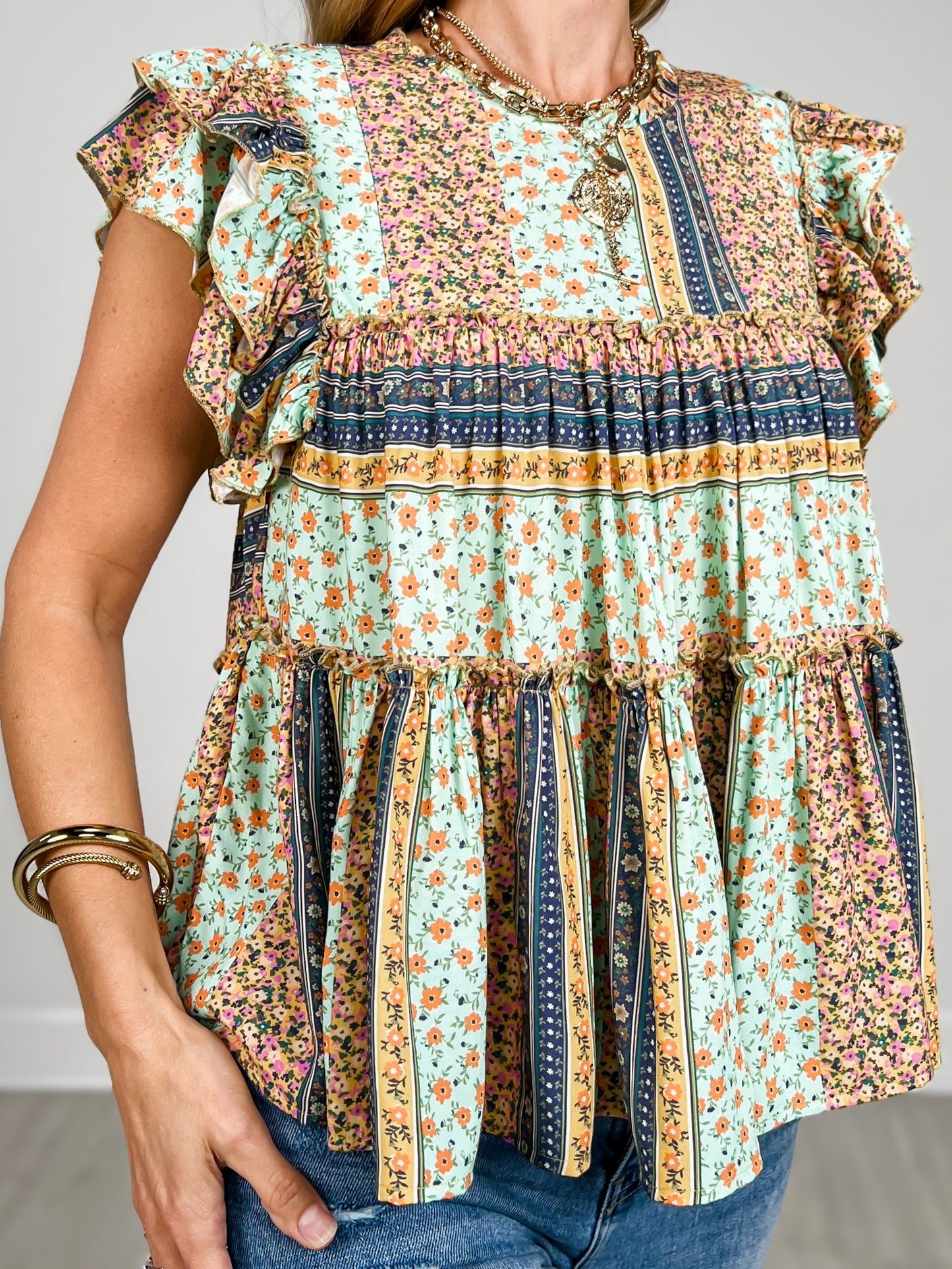 Ruffled Wing Sleeve Printed Challis Babydoll Top