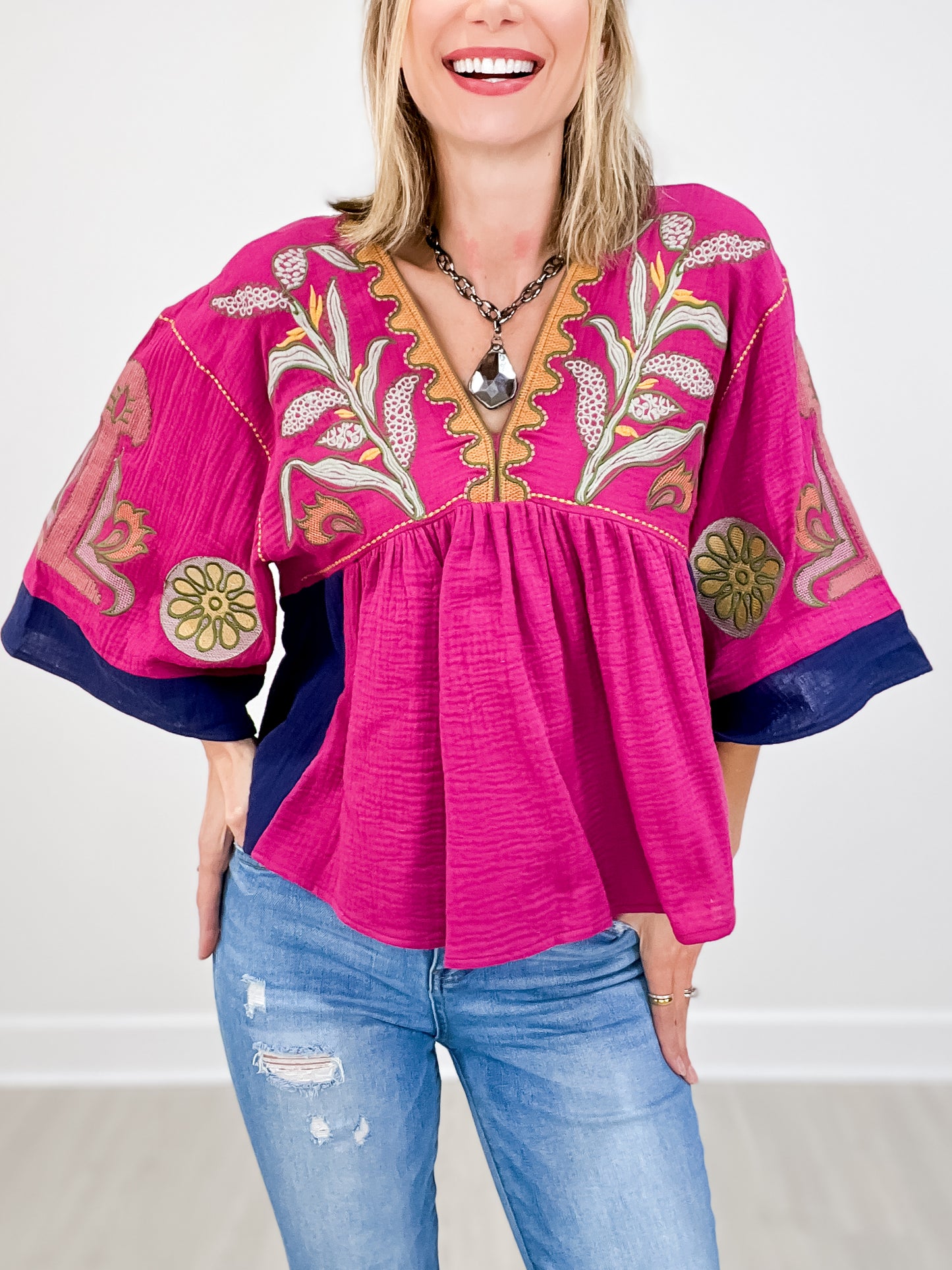 Vintage Embroidery Patch V-Neck Gauze Top