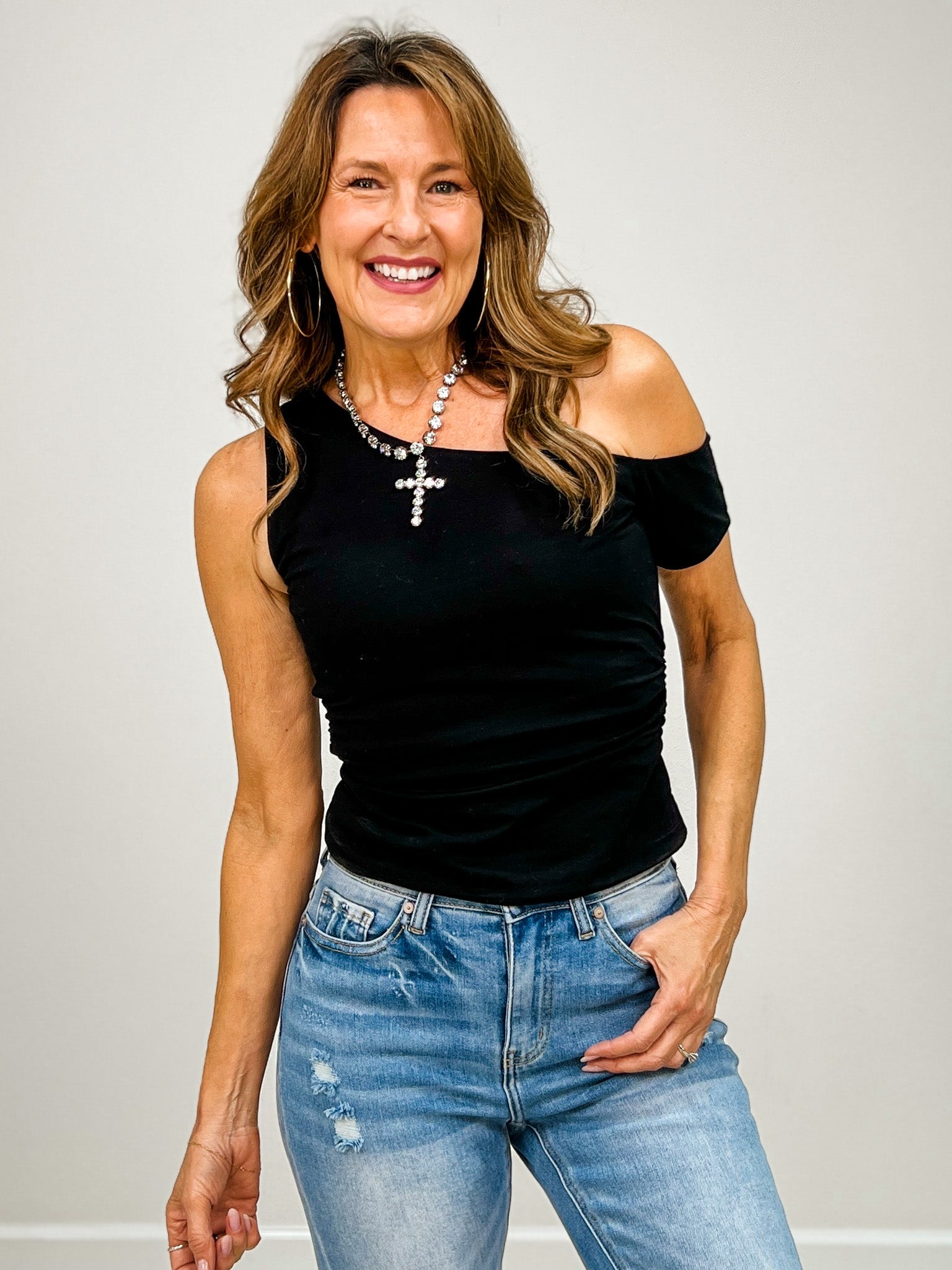 One Shoulder Short Sleeve Knit Top