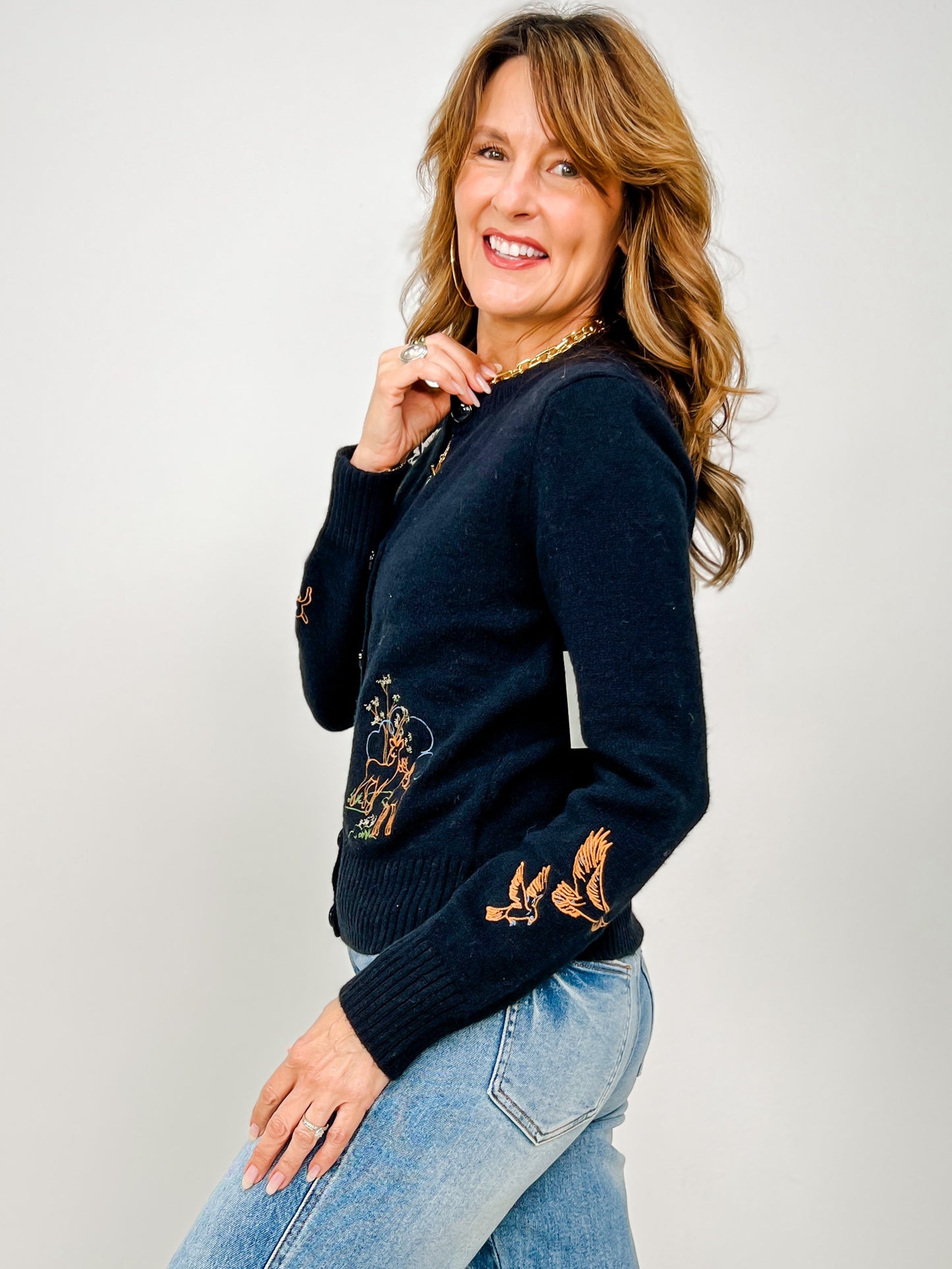 Animal Embroidery Detail Button Down Knit Cardigan