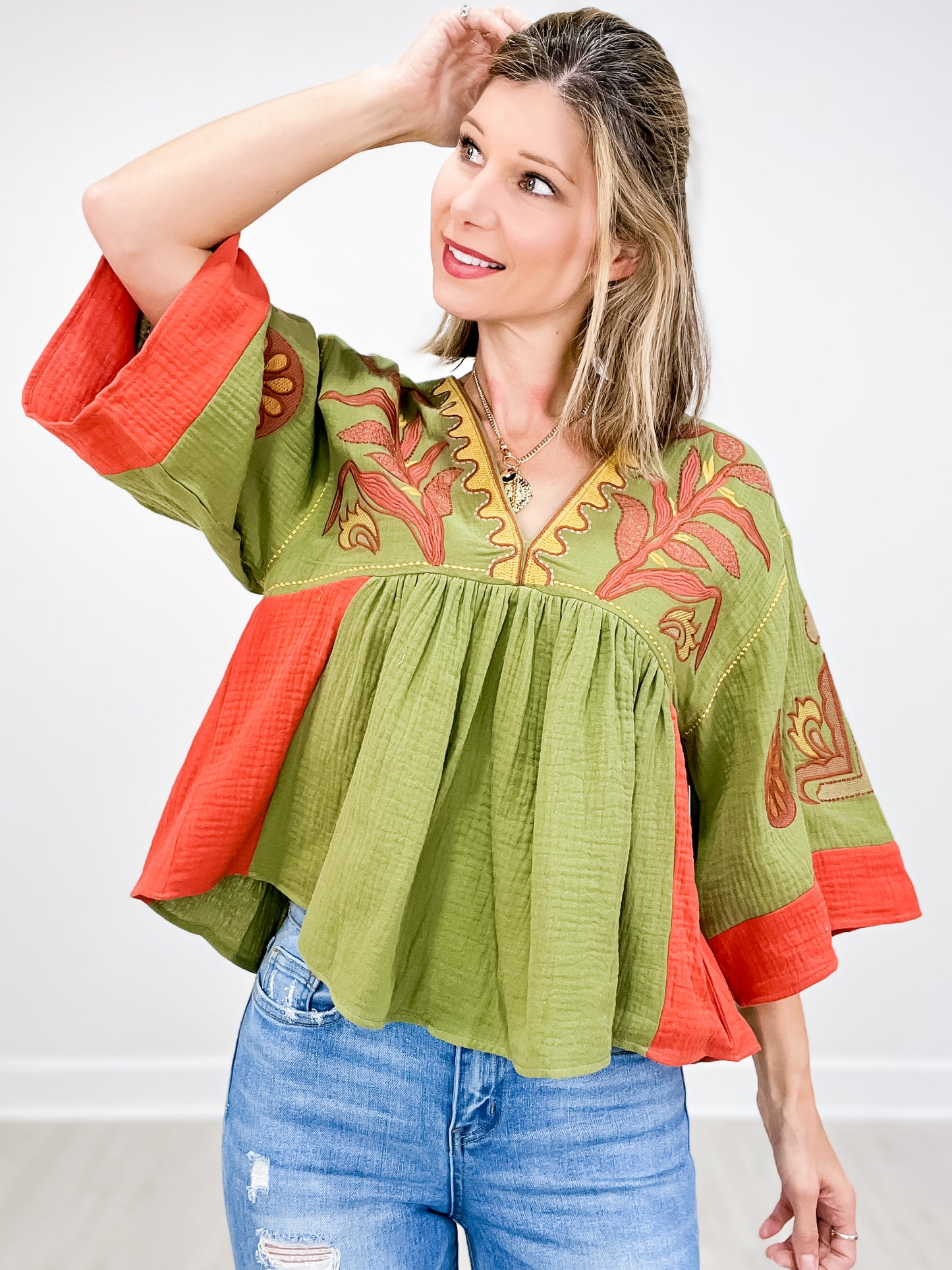 Vintage Embroidery Patch V-Neck Gauze Top