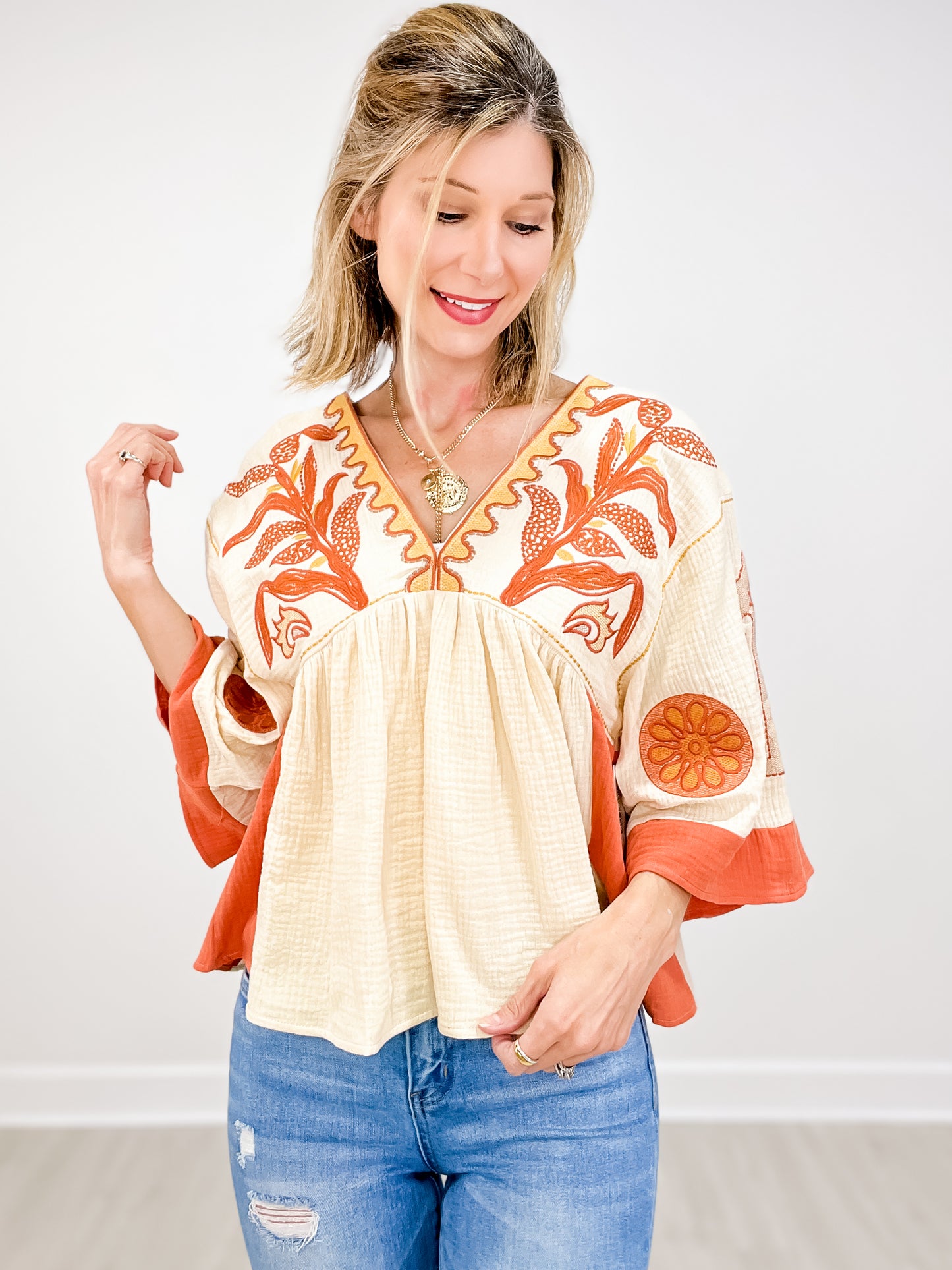 Vintage Embroidery Patch V-Neck Gauze Top