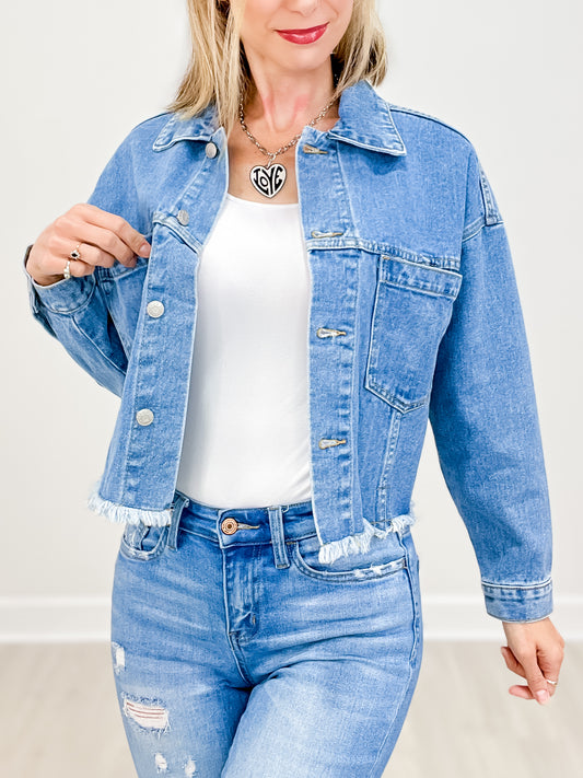 Two Pocket Ripped Raw Hem Cropped Denim Jacket