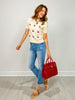 Short Sleeve Cherry Embroidered Cropped Sweater
