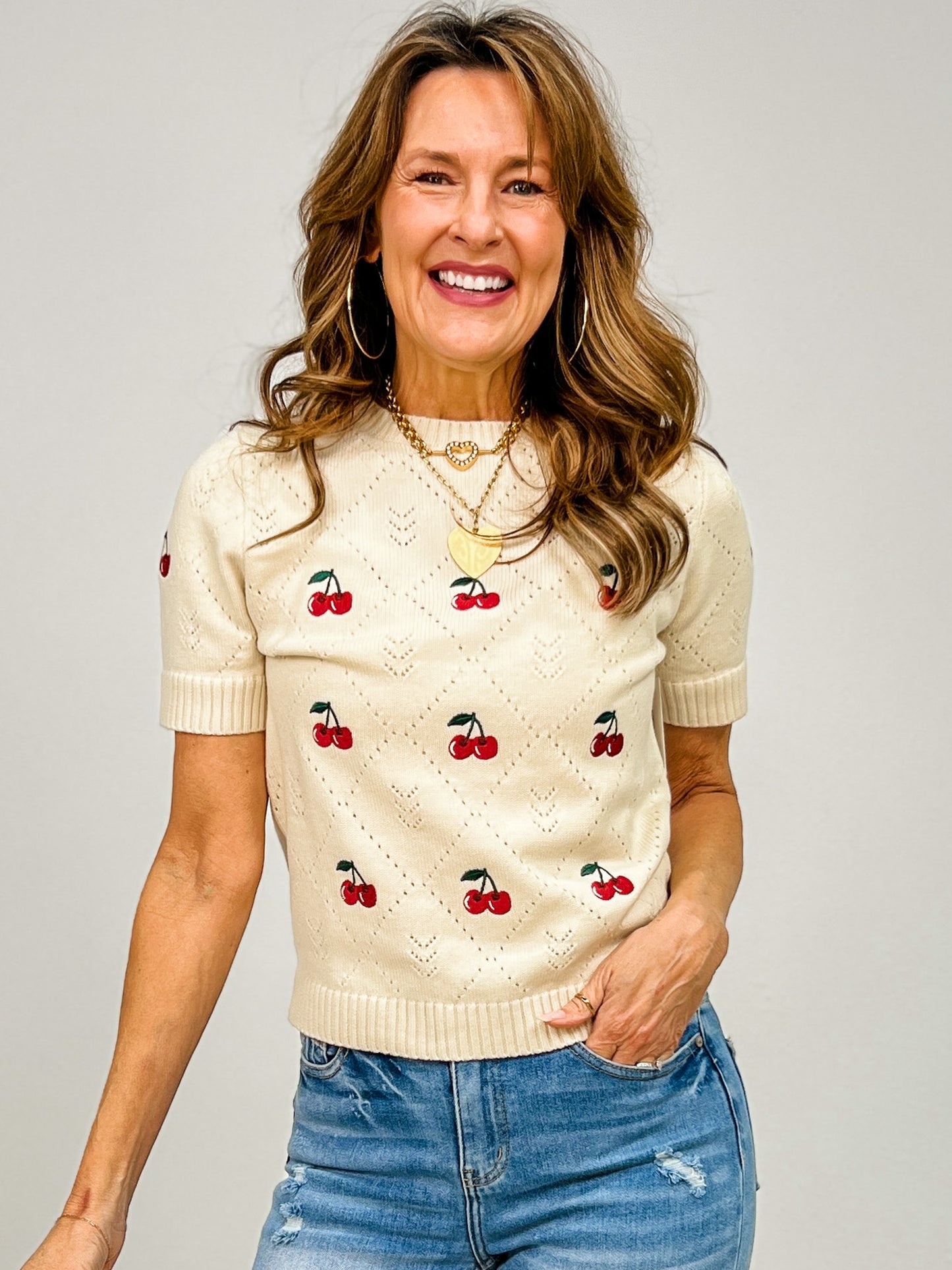 Short Sleeve Cherry Embroidered Cropped Sweater