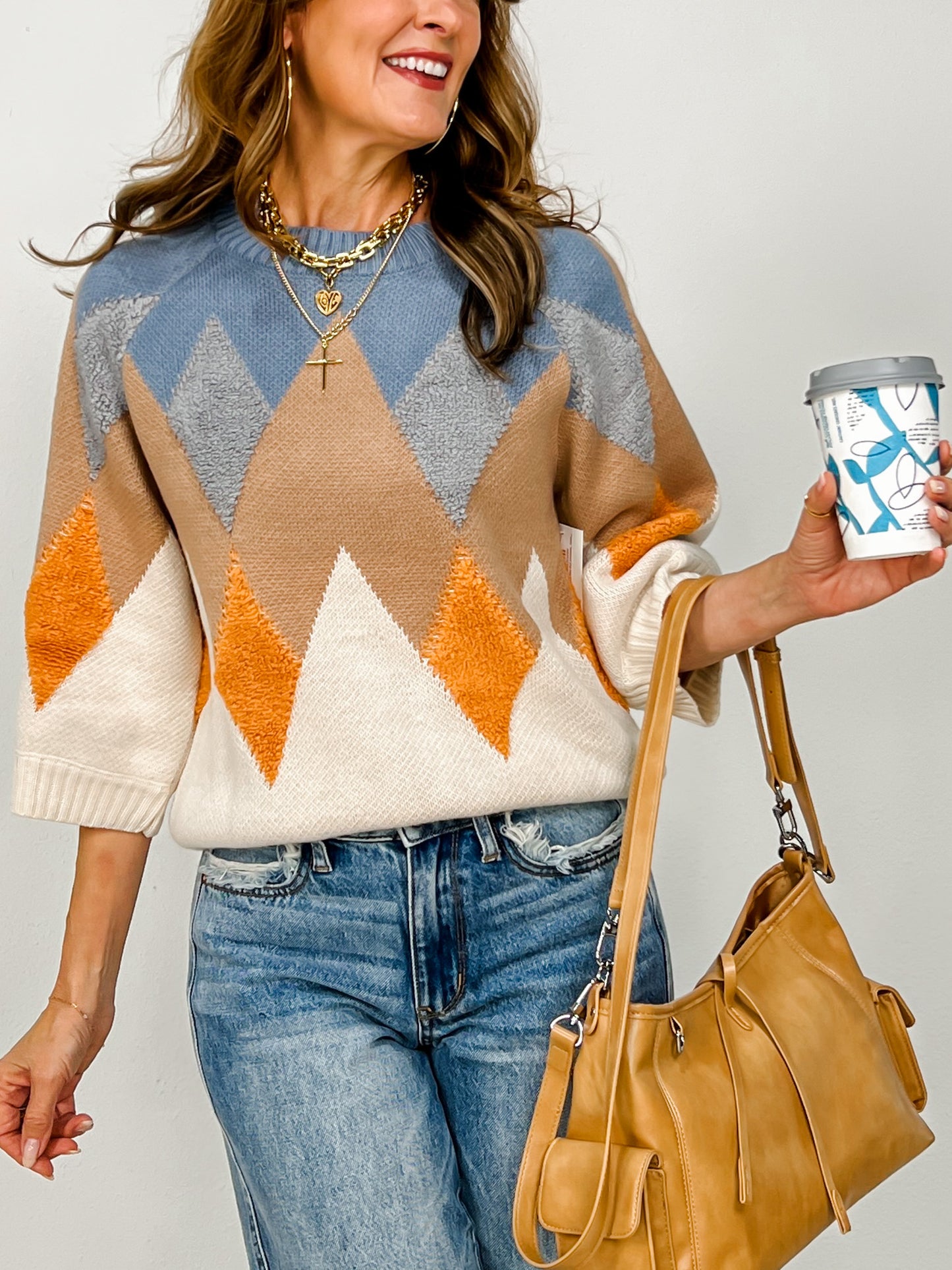 Fuzzy Textured Zig-zag Mock Neck Sweater Top