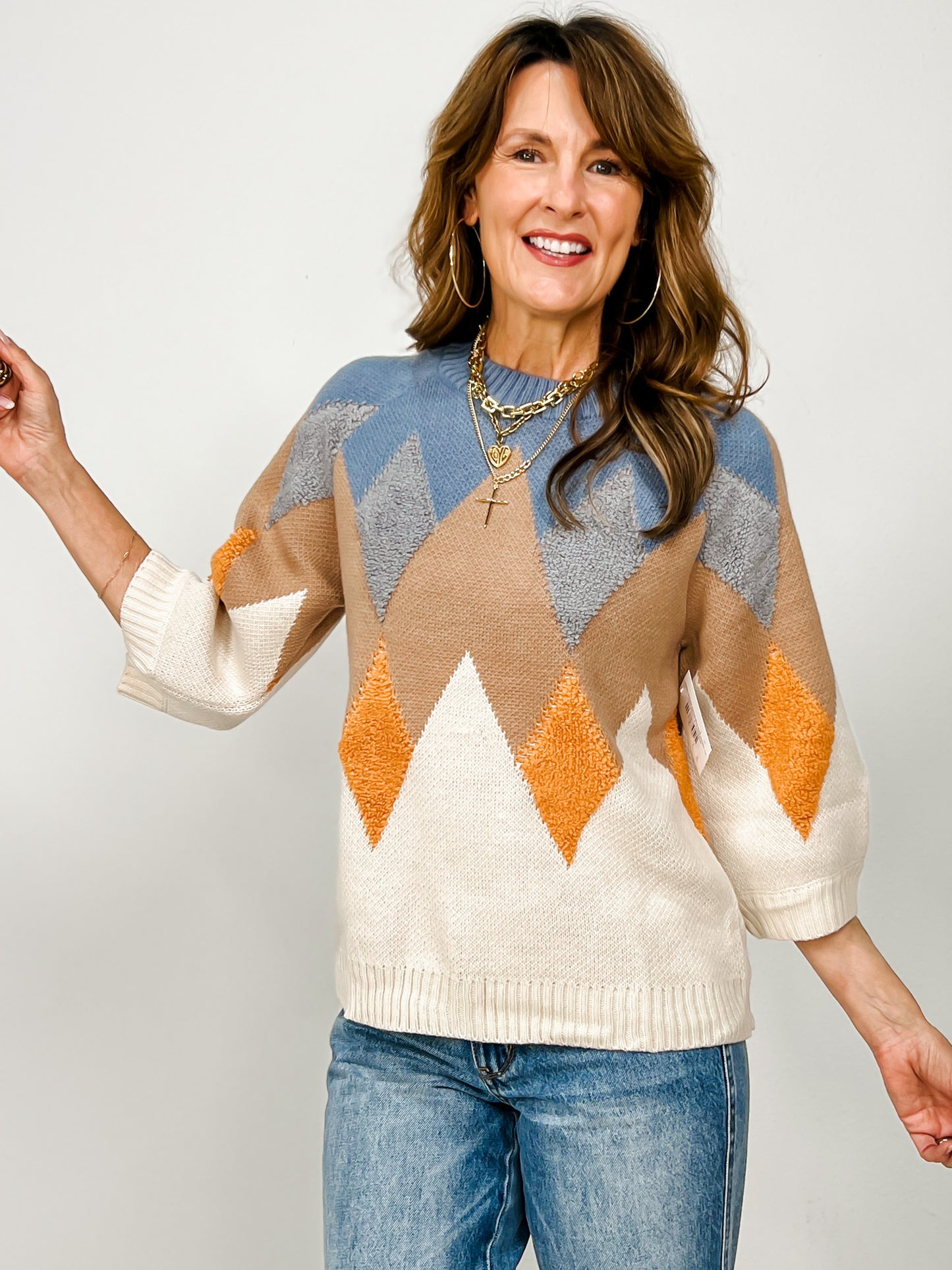 Fuzzy Textured Zig-zag Mock Neck Sweater Top