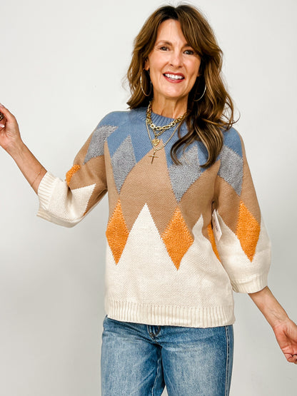 Fuzzy Textured Zig-zag Mock Neck Sweater Top