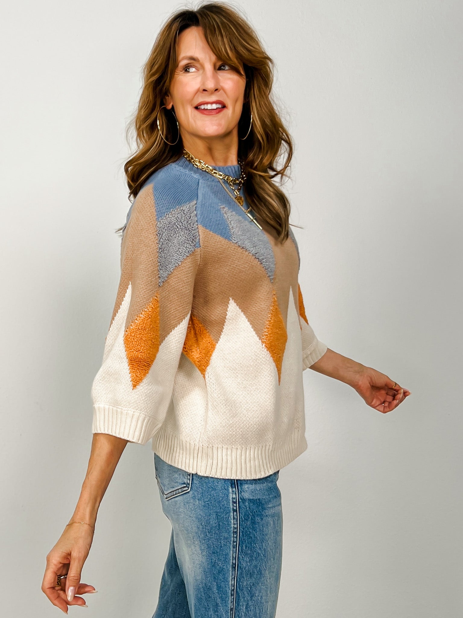 Fuzzy Textured Zig-zag Mock Neck Sweater Top