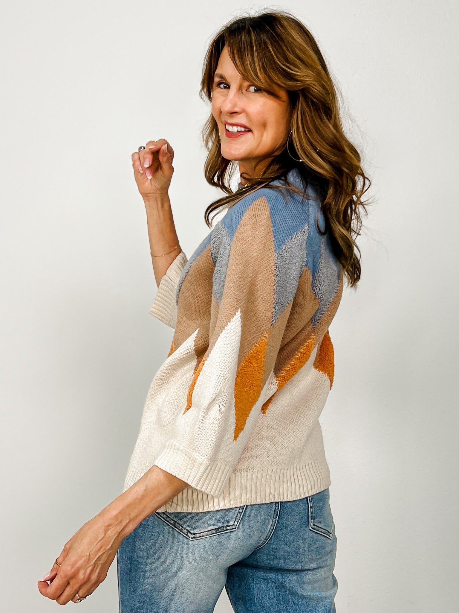 Fuzzy Textured Zig-zag Mock Neck Sweater Top