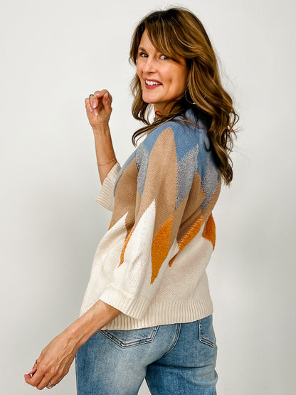 Fuzzy Textured Zig-zag Mock Neck Sweater Top