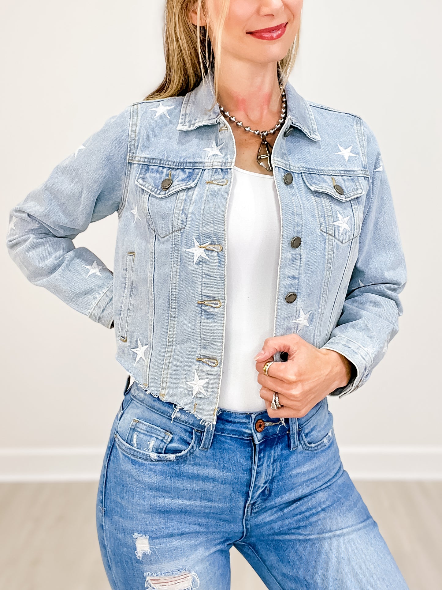 Denim Embroidery Cropped Star Detail Jacket